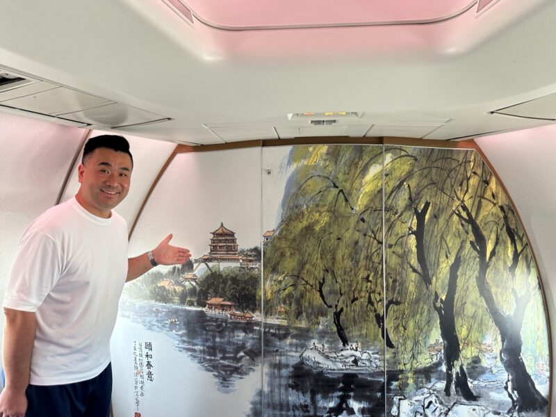 a man standing in a room with a painting