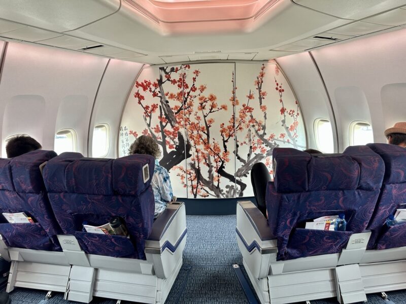 a couple of people sitting in chairs in an airplane