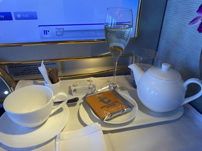 a tray with tea and teapot and teacups on it