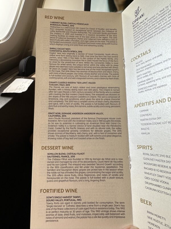 a menu of a flight