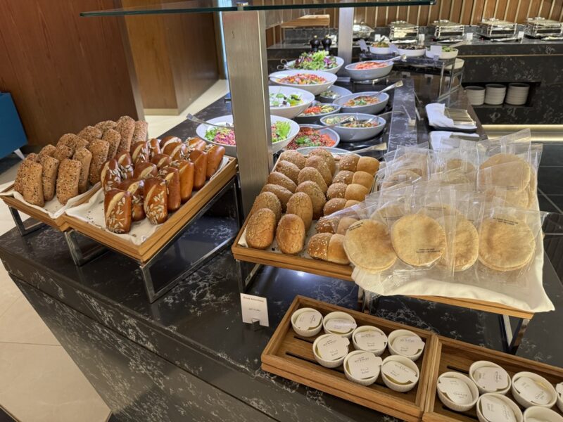 a buffet table with food on it