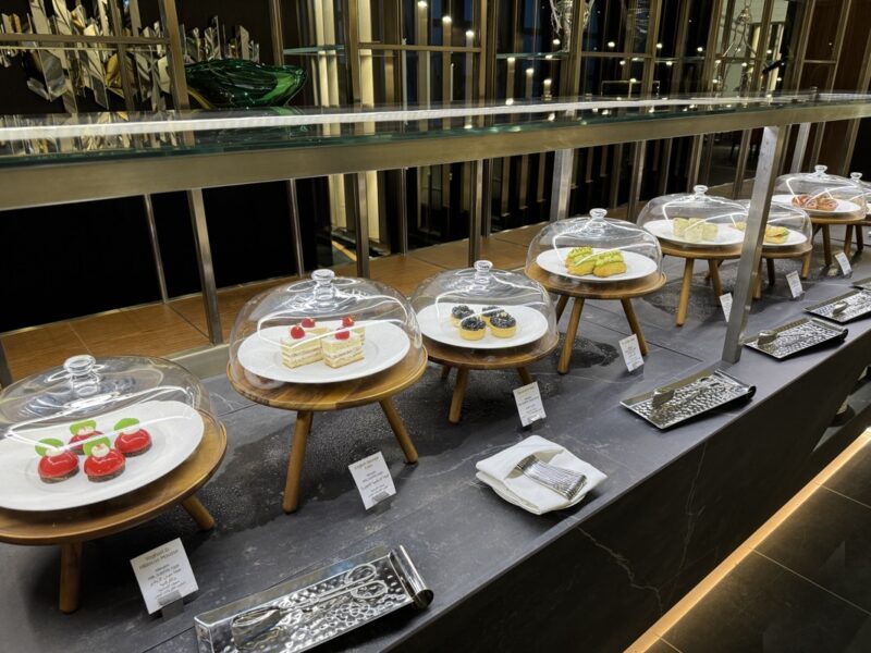 a display of desserts on a counter