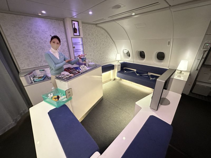 a woman in a mask behind a desk in an airplane