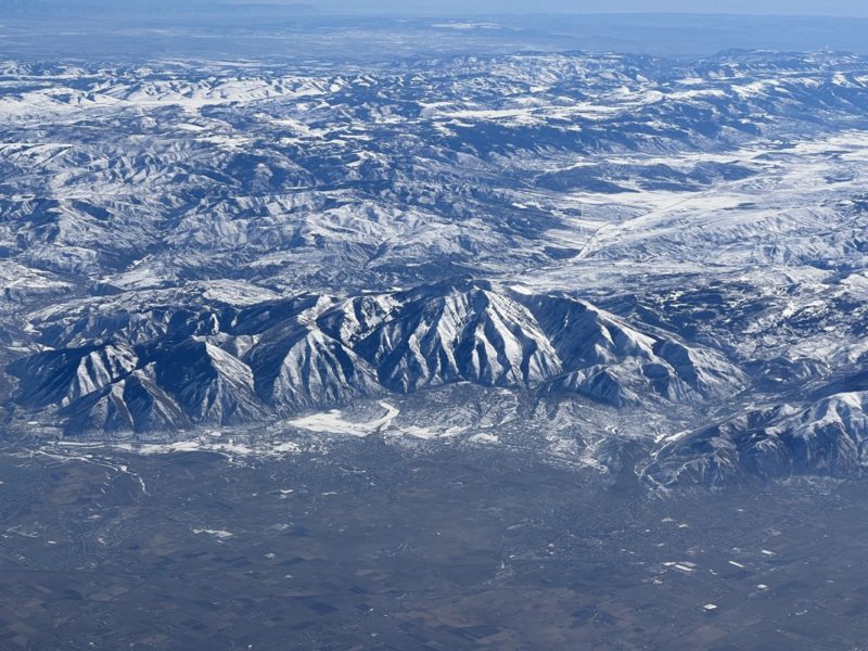 aerial view of a snowy mountain range