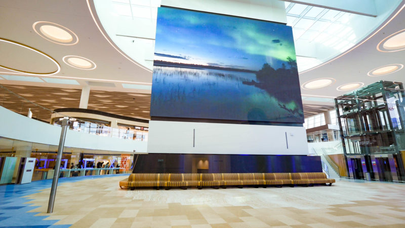 a large screen in a building