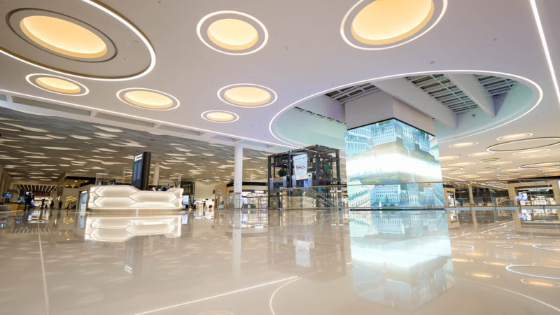 a large white floor with lights