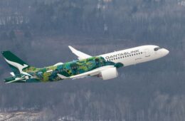 a white and green airplane flying in the sky