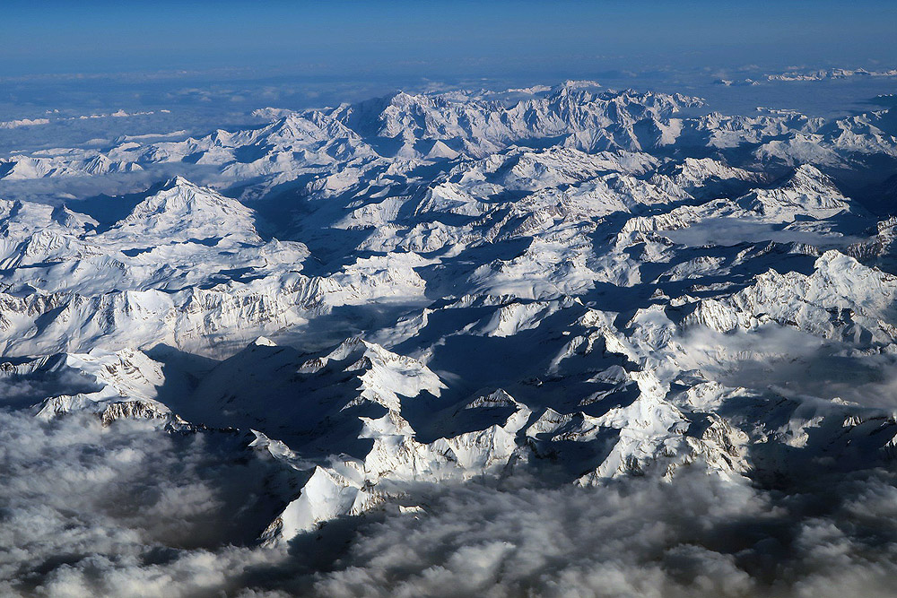 aerial view of snowy mountains