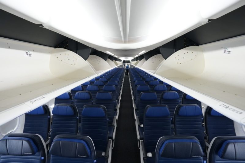 an airplane with blue seats